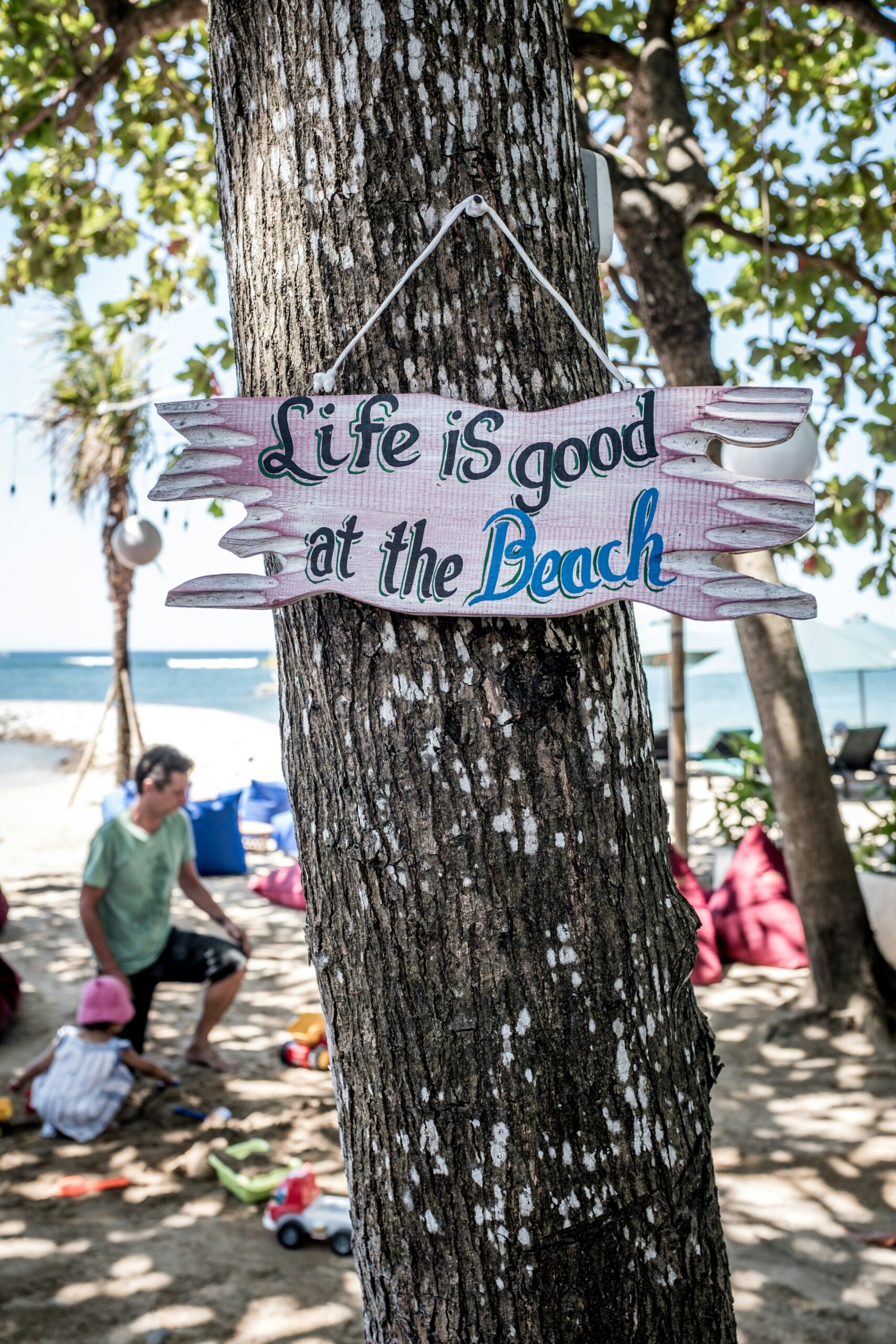 life is good at the beach signage on tree